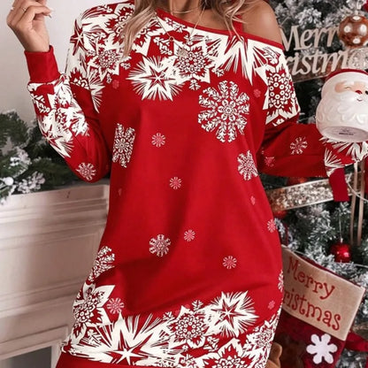 European and American Sloping Shoulder Sexy Dress Christmas Snowflake Print Sweater Autumn/winter Casual Loose Sweatshirts Women