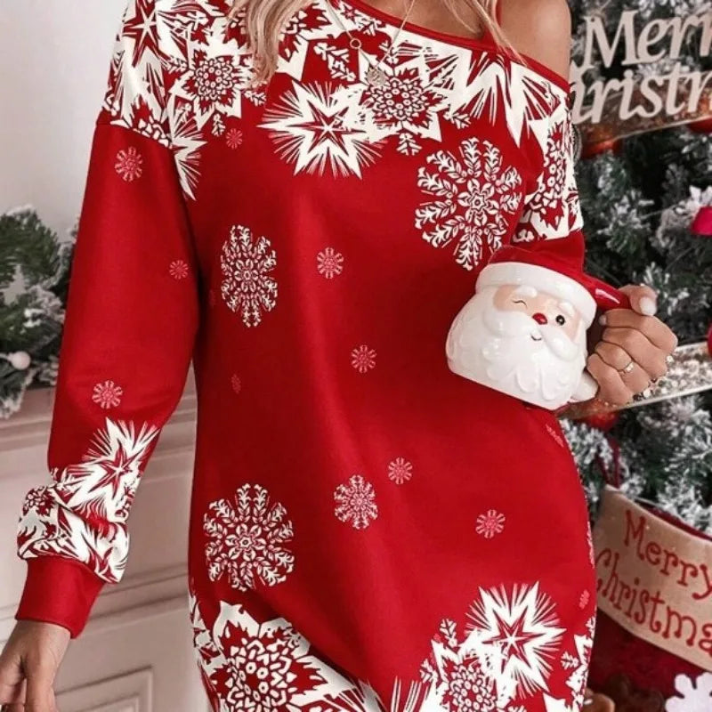 European and American Sloping Shoulder Sexy Dress Christmas Snowflake Print Sweater Autumn/winter Casual Loose Sweatshirts Women